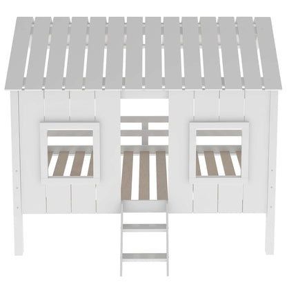Twin size low loft house bed with roof and 2 front windows, white, HouseOfZazla on Tampa Home & Garden Store