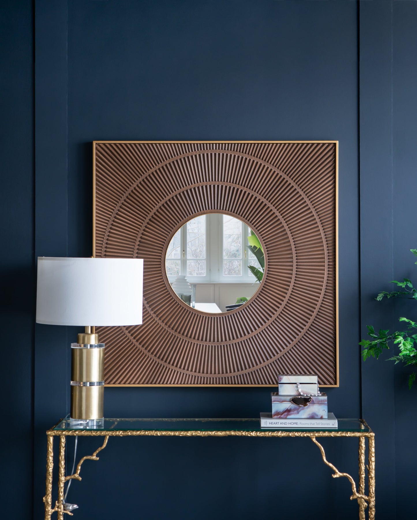 D15x25.5in table lamp by HouseOfZazla, brass base, white shade, on gold console on Tampa Home & Garden Store
