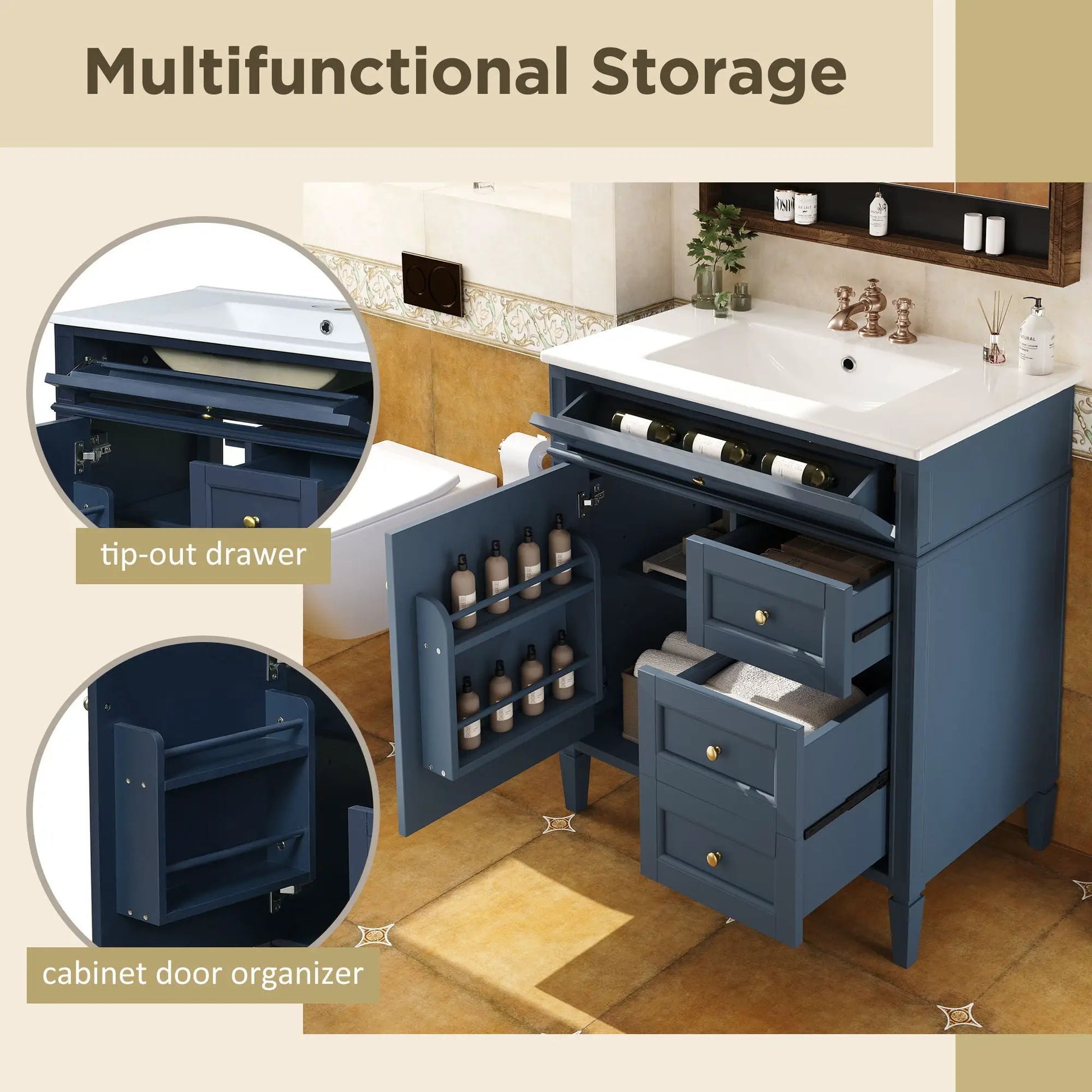 Bathroom vanity with top sink, navy cabinet, white top, 2 drawers & tip-out drawer on Tampa Home & Garden Store