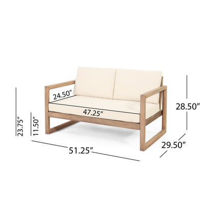 Outdoor acacia wood loveseat and coffee table set with beige cushions by HouseOfZazla on Tampa Home & Garden Store