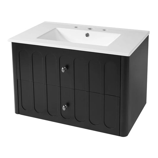 Floating vanity with white sink and black cabinet, oval knobs, soft-close drawers on Tampa Home & Garden Store