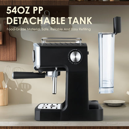 Espresso machine black with chrome accents, 20-bar pressure and water tank, semi-automatic on Tampa Home & Garden Store