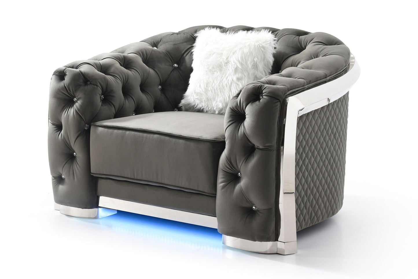Sophisticated Gray tufted accent arm chair by HouseOfZazla with crystal buttons and chrome legs on Tampa Home & Garden Store