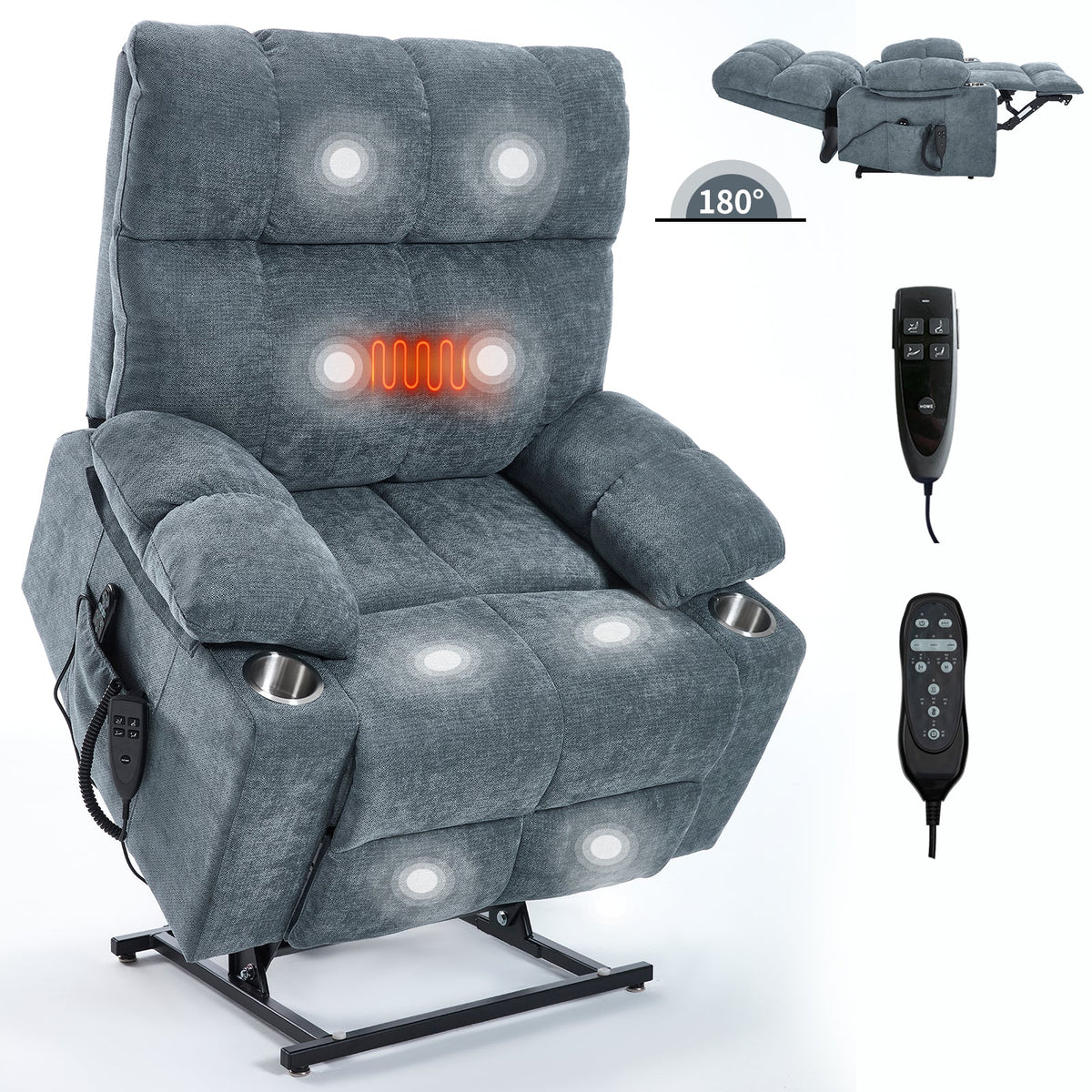 Grey Chenille Power Lift Recliner Chair with remote and cup holders, 180° recline on Tampa Home & Garden Store