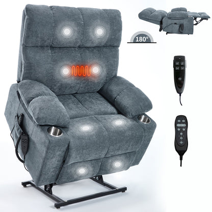 Grey Chenille Power Lift Recliner Chair with remote and cup holders, 180° recline on Tampa Home & Garden Store