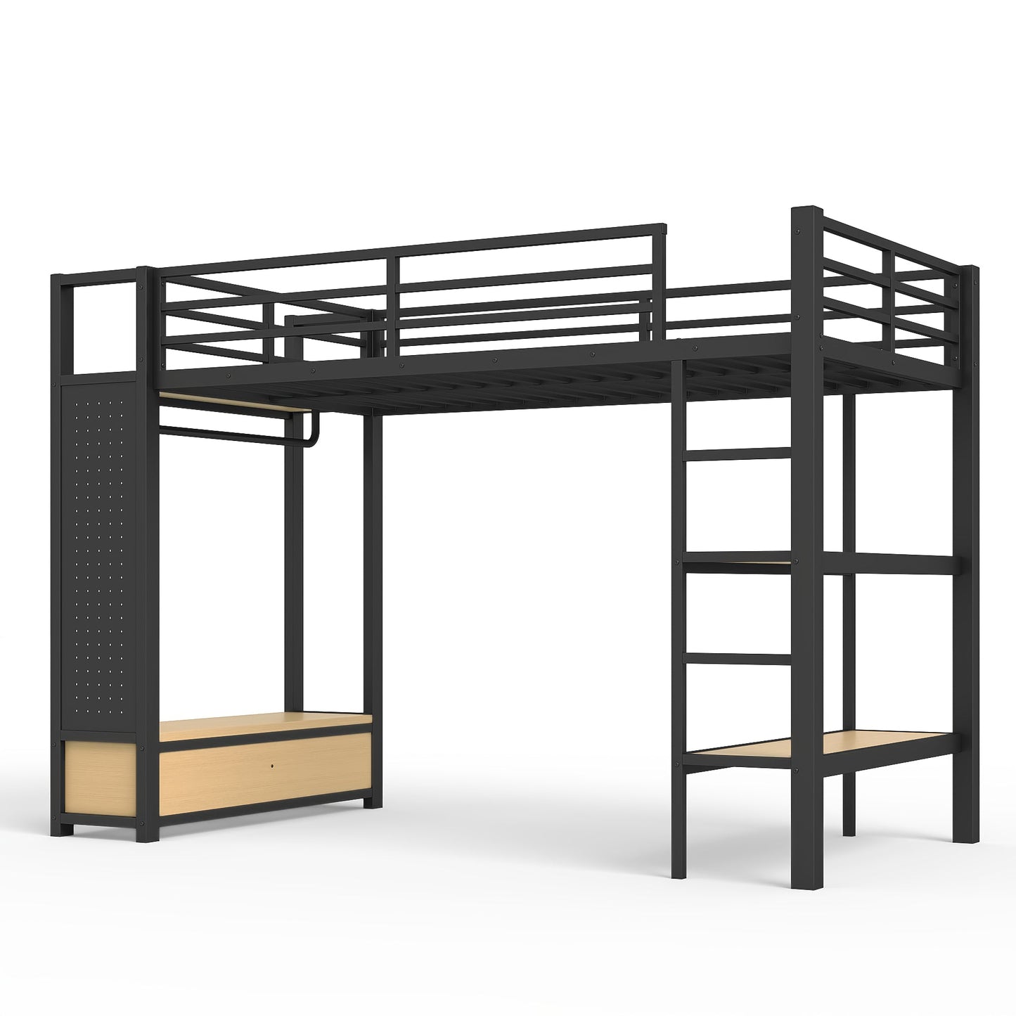 Twin XL Metal Loft Bed With Wardrobe and Shelves
