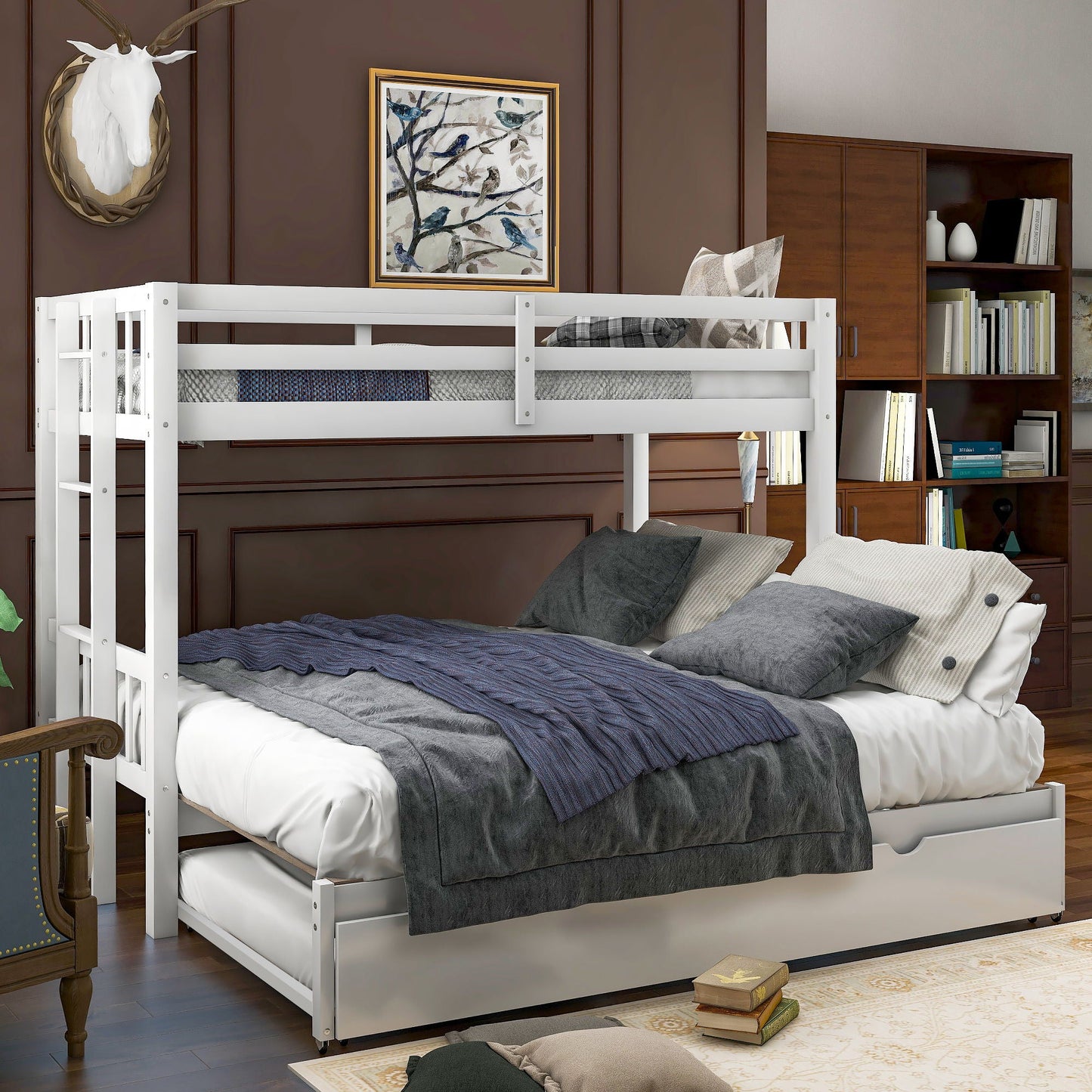 Smooth Mobility Bunk Bed With Trundle by HouseOfZazla, white frame with gray bedding on Tampa Home & Garden Store