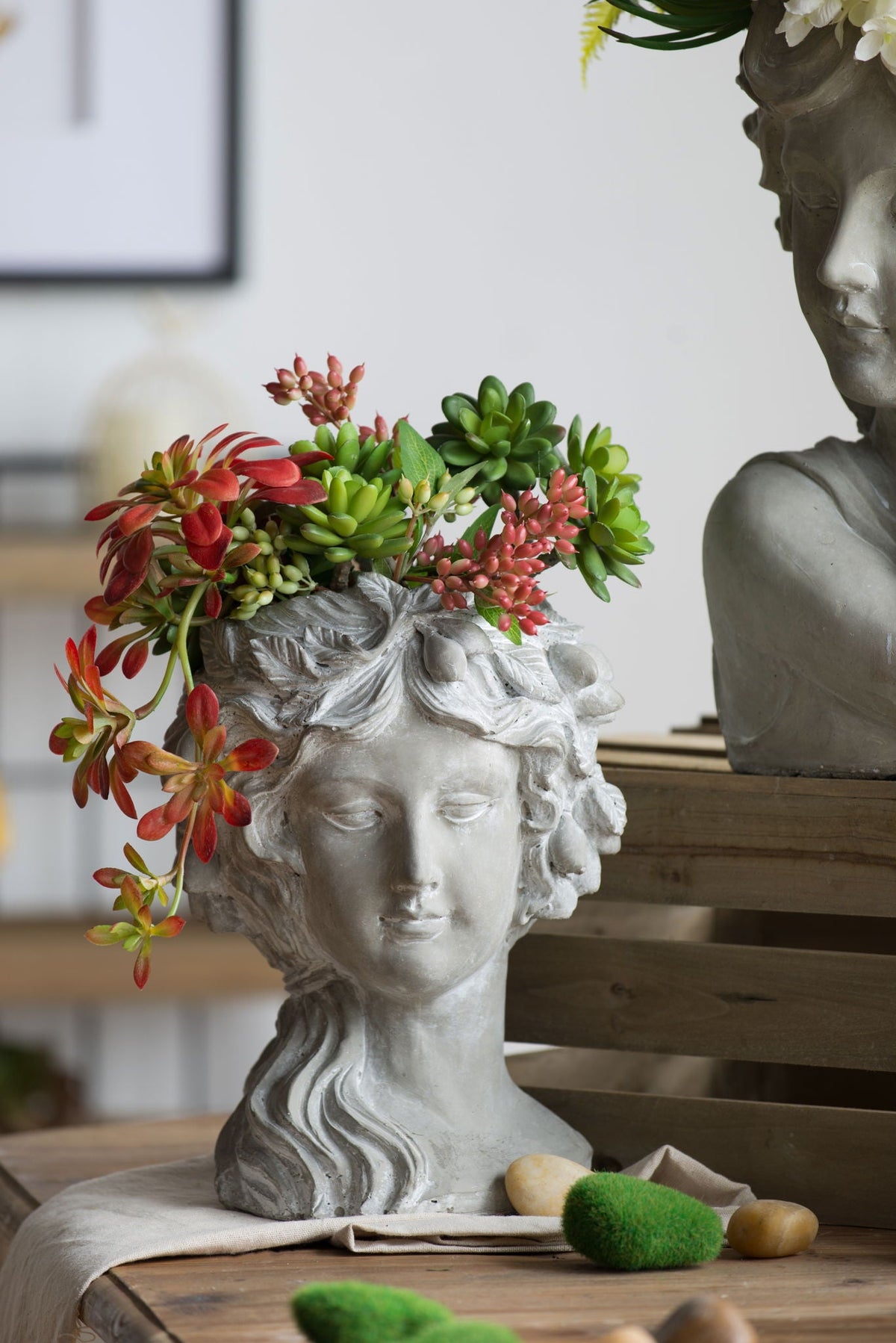 Gray cement bust wall planters with mixed succulents, two decorative busts by HouseOfZazla on Tampa Home & Garden Store