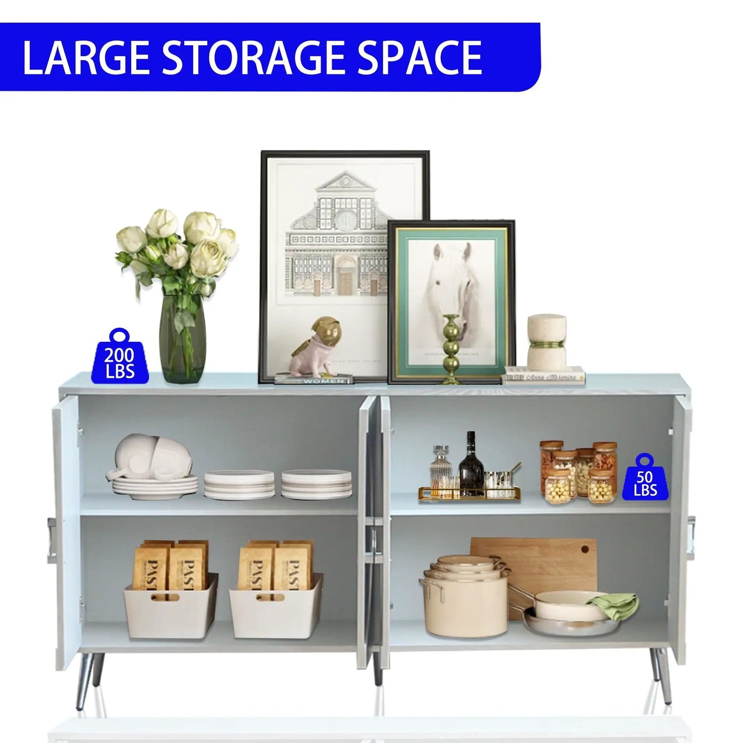 Modern lacquered 4-door sideboard in pale grey with framed art and dishware inside on Tampa Home & Garden Store