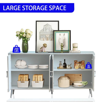 Modern lacquered 4-door sideboard in pale grey with framed art and dishware inside on Tampa Home & Garden Store