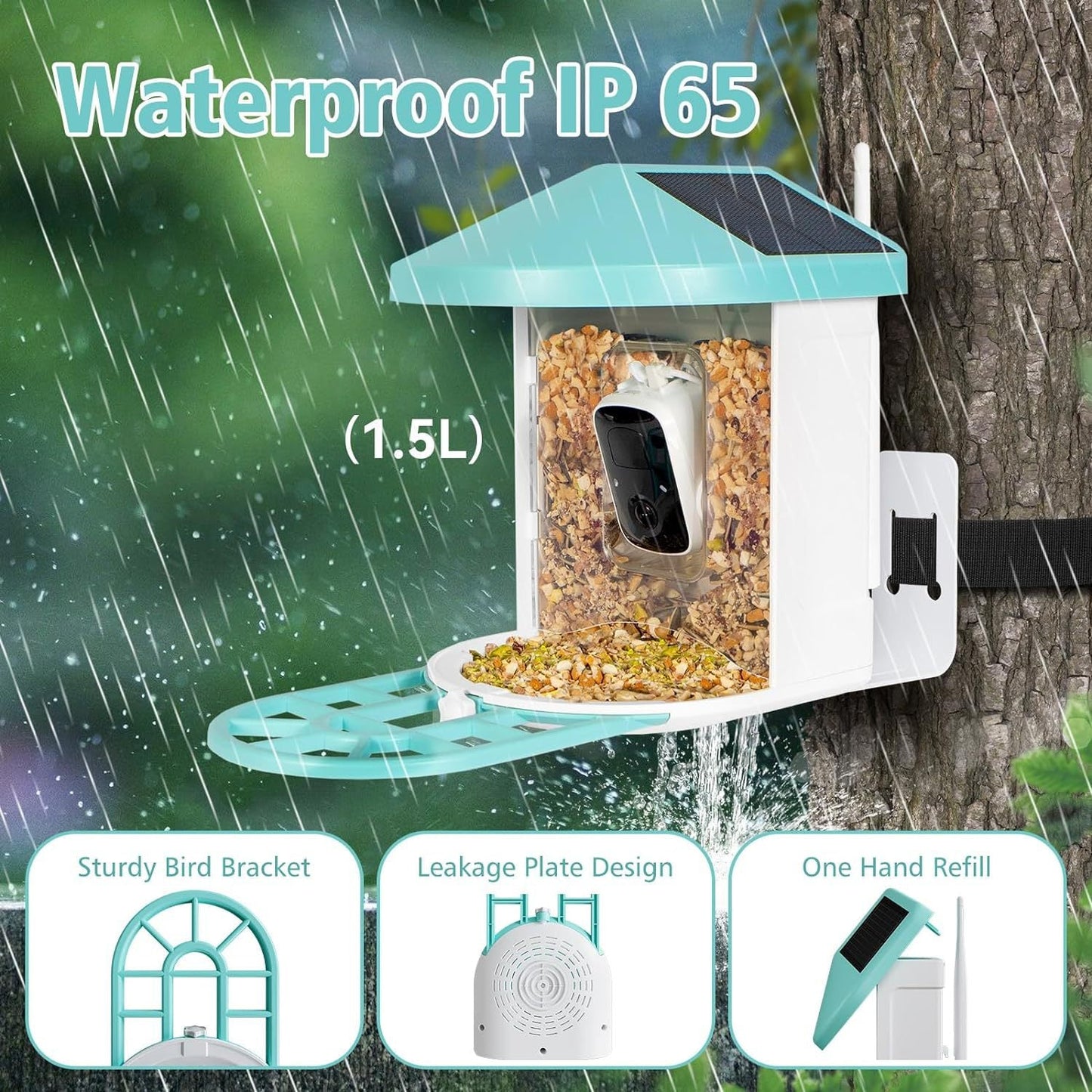 Smart Feeder Surveillance Wireless Camera bird feeder with clear seed chamber and teal roof on Tampa Home & Garden Store