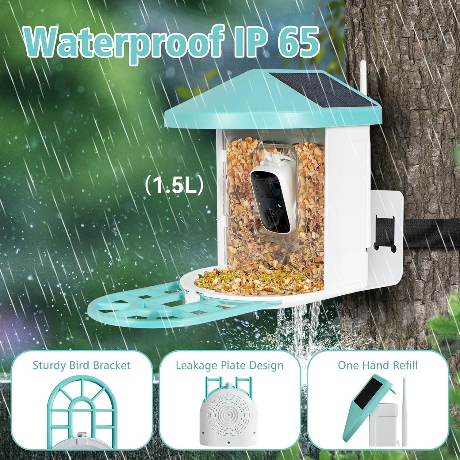 Smart Feeder Surveillance Wireless Camera bird feeder with clear seed chamber and teal roof on Tampa Home & Garden Store