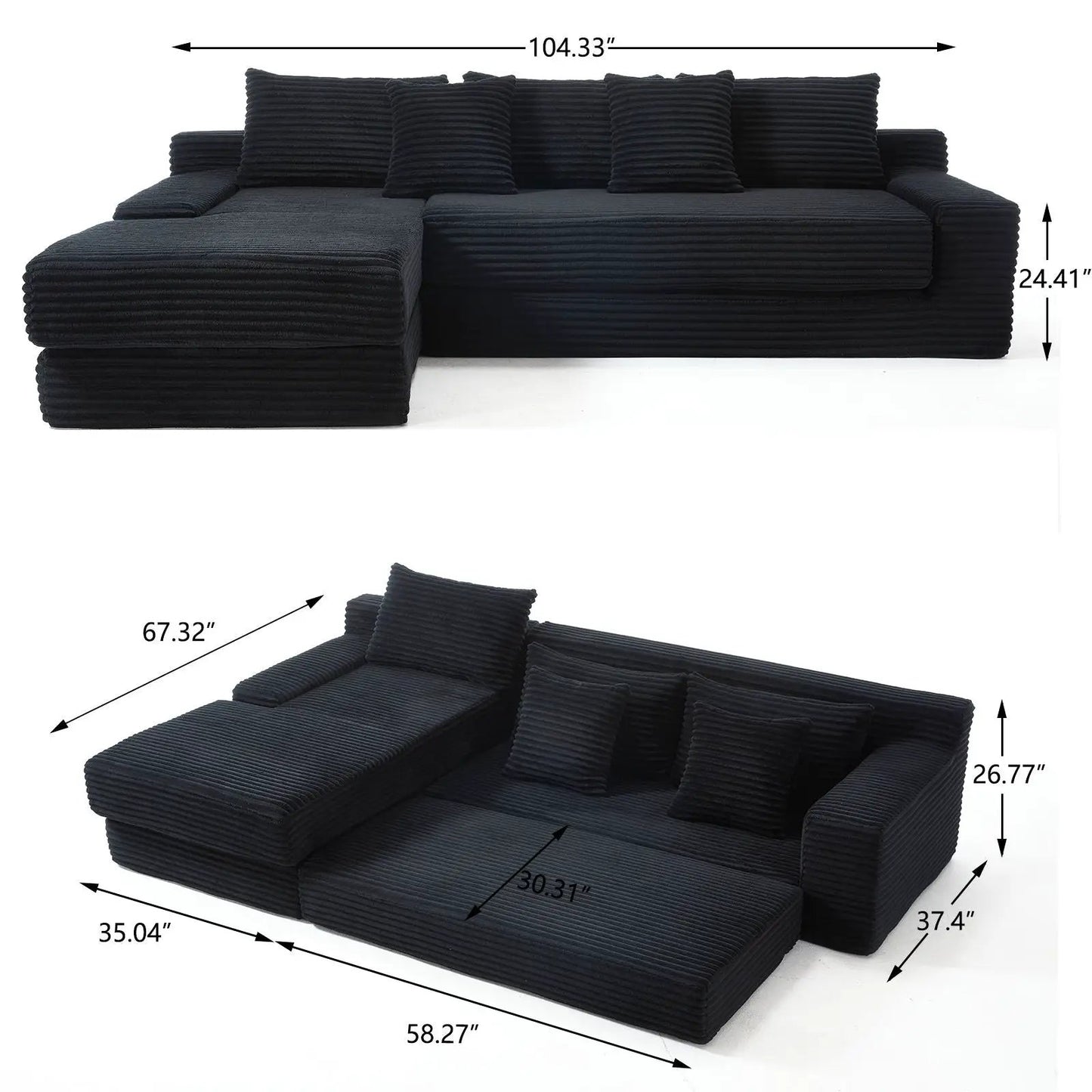 Modern L-shaped stationary sectional with memory foam cushions in ribbed black fabric on Tampa Home & Garden Store