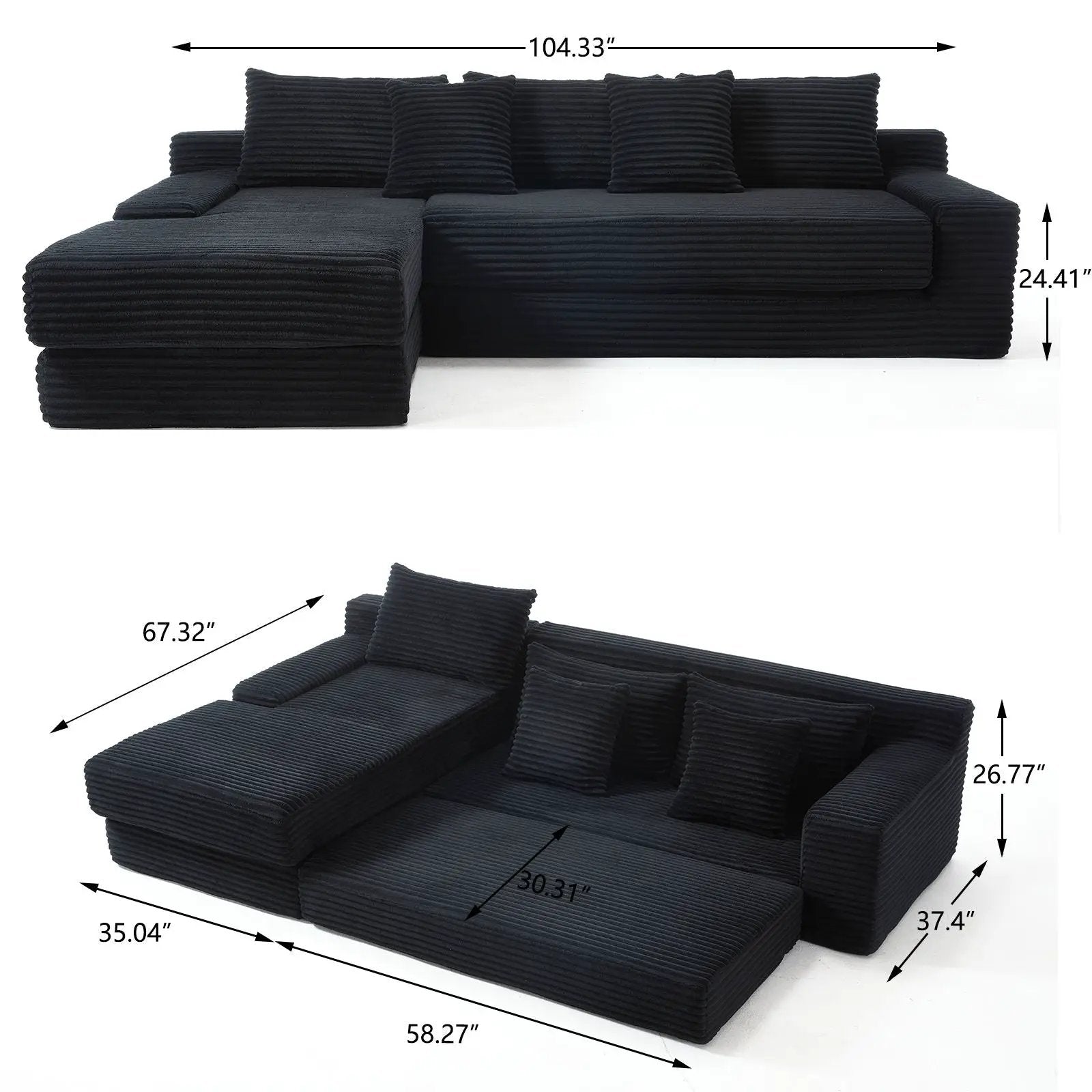Modern L-shaped stationary sectional with memory foam cushions in ribbed black fabric on Tampa Home & Garden Store