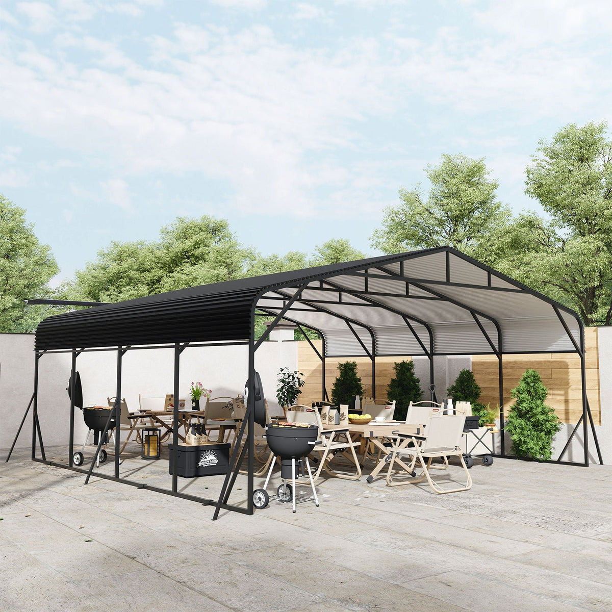 Black heavy duty carport shelter over outdoor dining area with tables and chairs by HouseOfZazla on Tampa Home & Garden Store