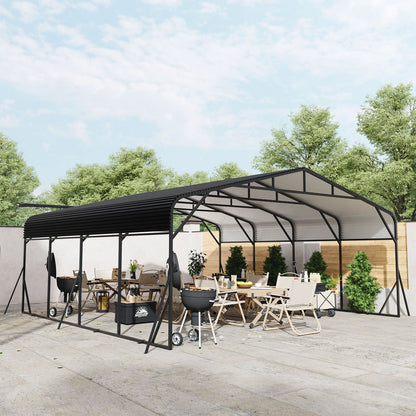 Black heavy duty carport shelter over outdoor dining area with tables and chairs by HouseOfZazla on Tampa Home & Garden Store