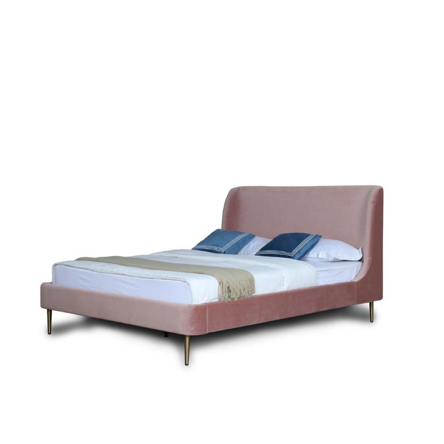 Heather upholstered bed with curved pink velvet headboard and gold legs by HouseOfZazla on Tampa Home & Garden Store
