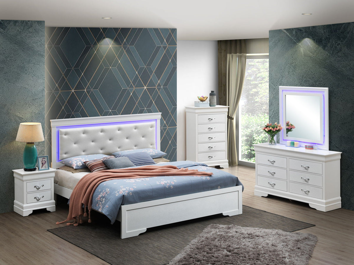LED Elegant Bed with tufted white upholstery and purple LED glow, HouseOfZazla bedroom set on Tampa Home & Garden Store