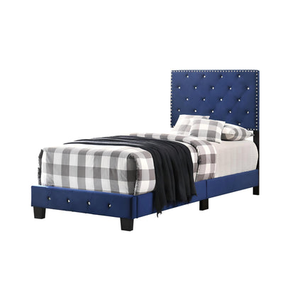 Luxurious Upholstered Bed with blue tufted headboard and nailhead trim, gray striped bedding on Tampa Home & Garden Store
