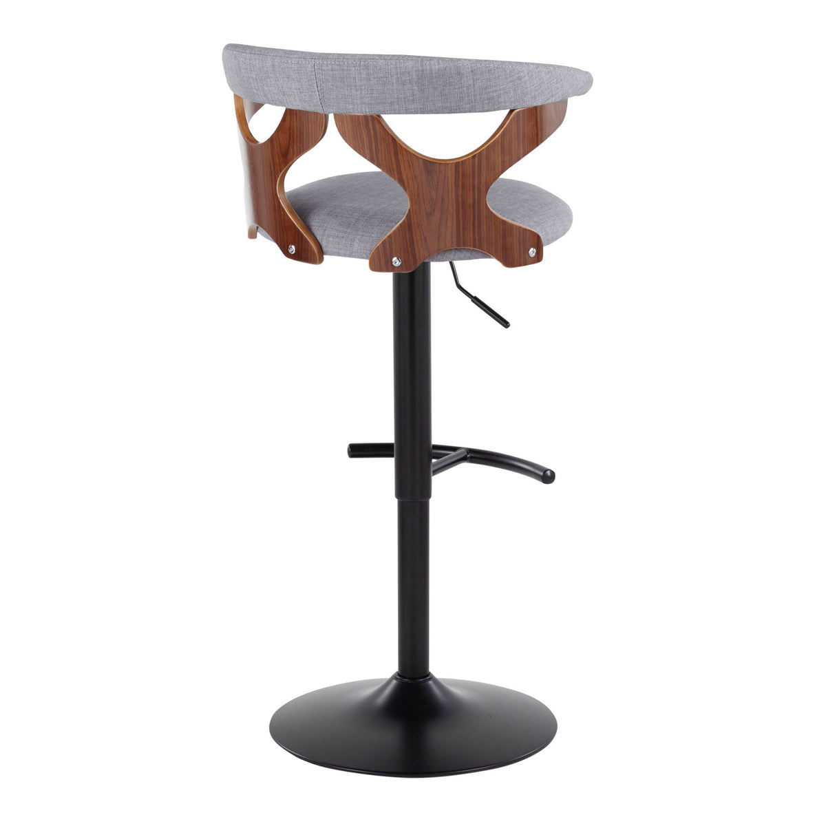 Contemporary adjustable barstool with grey upholstered seat and curved walnut frame on Tampa Home & Garden Store