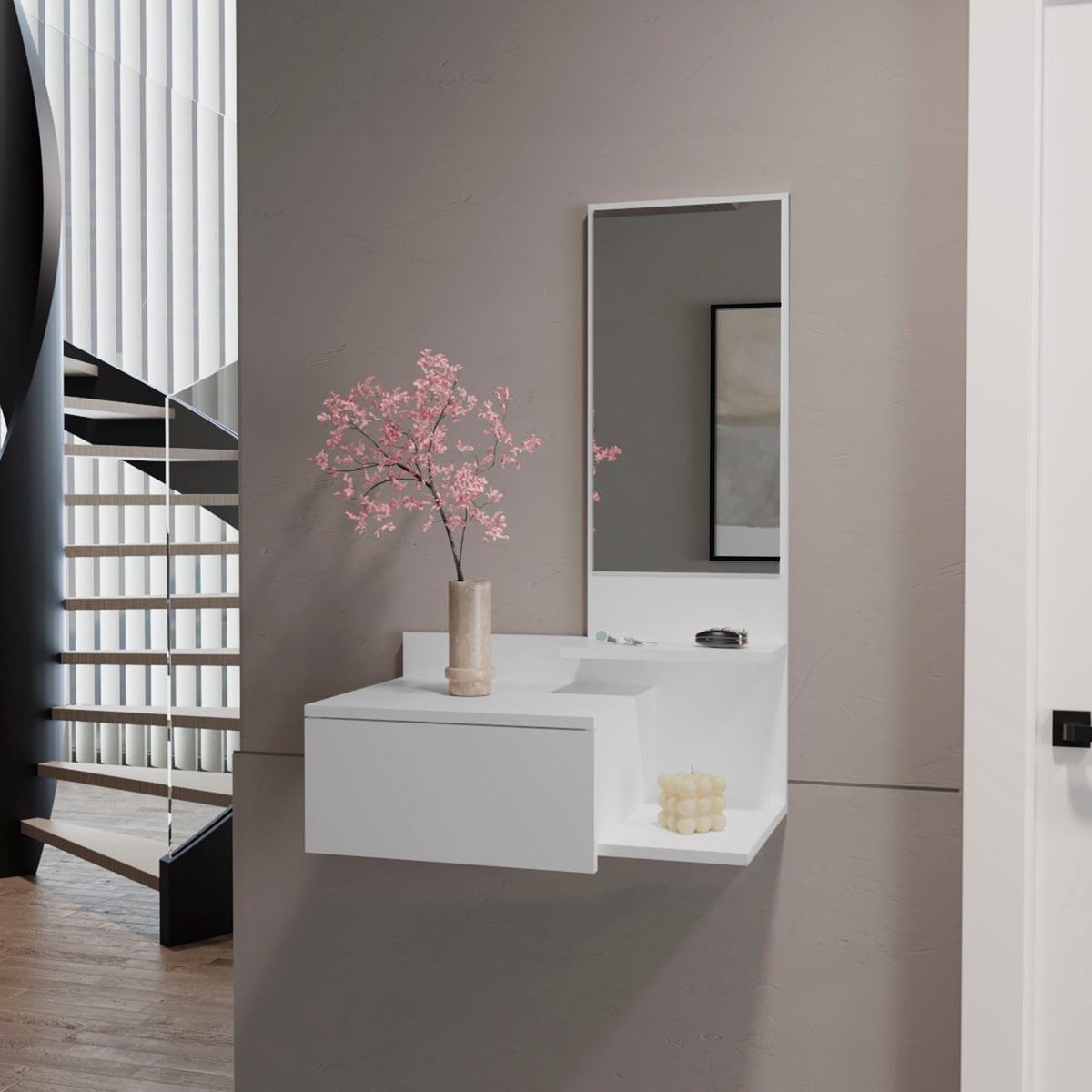 Lowell Floating Hallway Cabinet & Mirror white finish, wall-mount design HouseOfZazla on Tampa Home & Garden Store