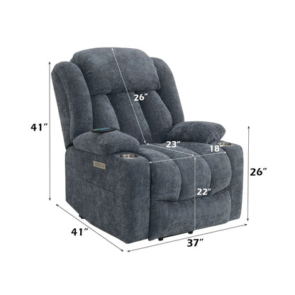 Power motion recliner with lift, heated massage; remote and cup holders on armrests in blue on Tampa Home & Garden Store