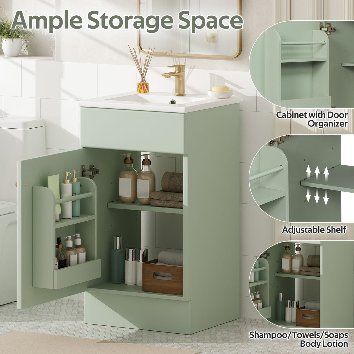 Bathroom vanity with sink in sage green, adjustable shelf, multiple colors available, by HouseOfZazla on Tampa Home & Garden Store