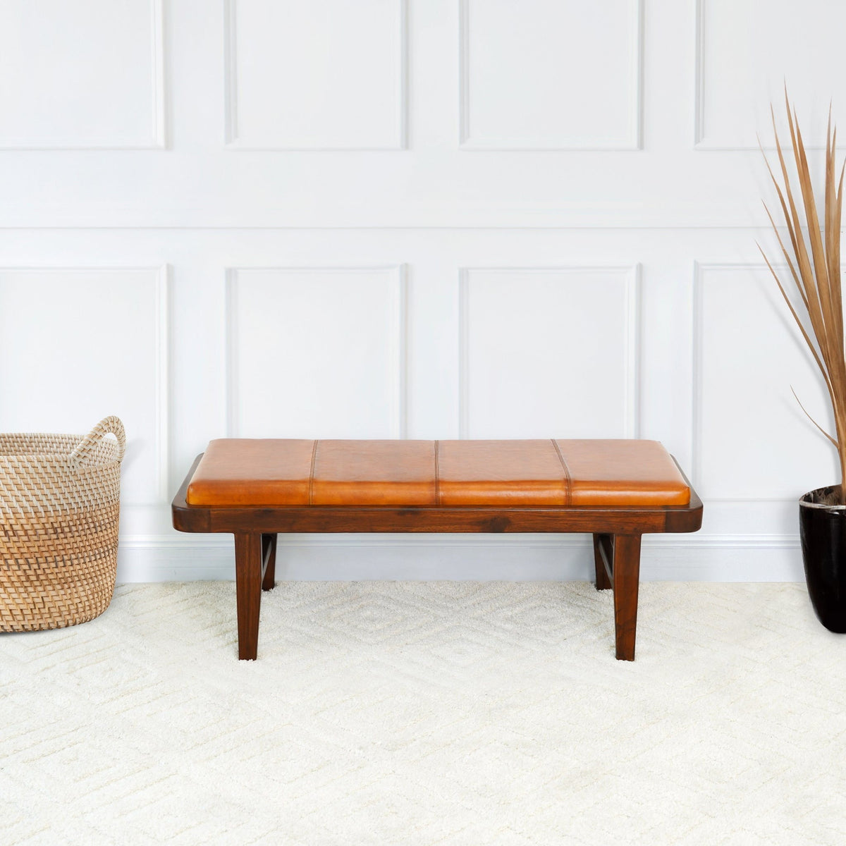 Rustic upholstered bench with tan genuine leather cushion, HouseOfZazla, solid wood legs on Tampa Home & Garden Store