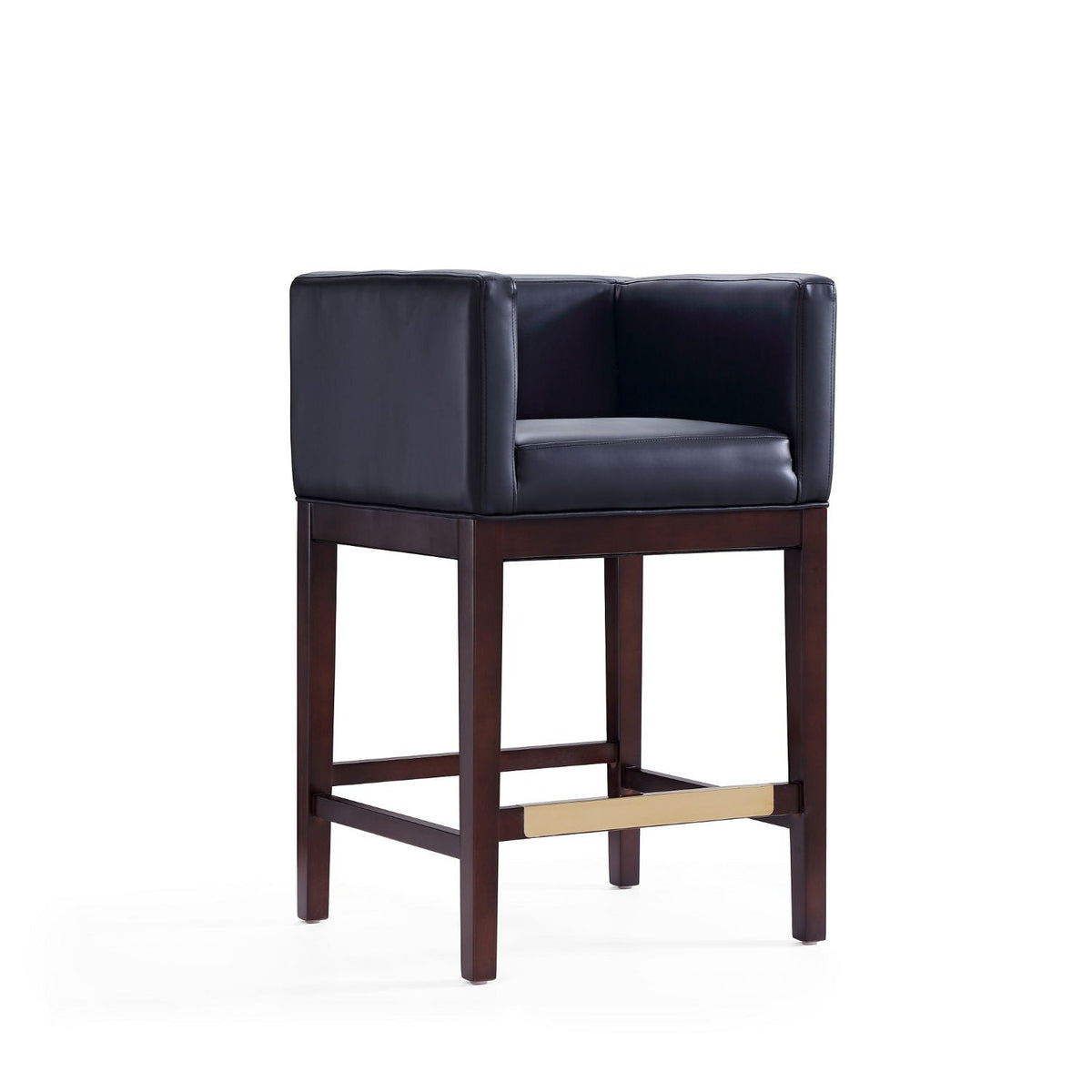 Counter stool with navy upholstered seat and beech wood frame, dark legs, gold footrest on Tampa Home & Garden Store
