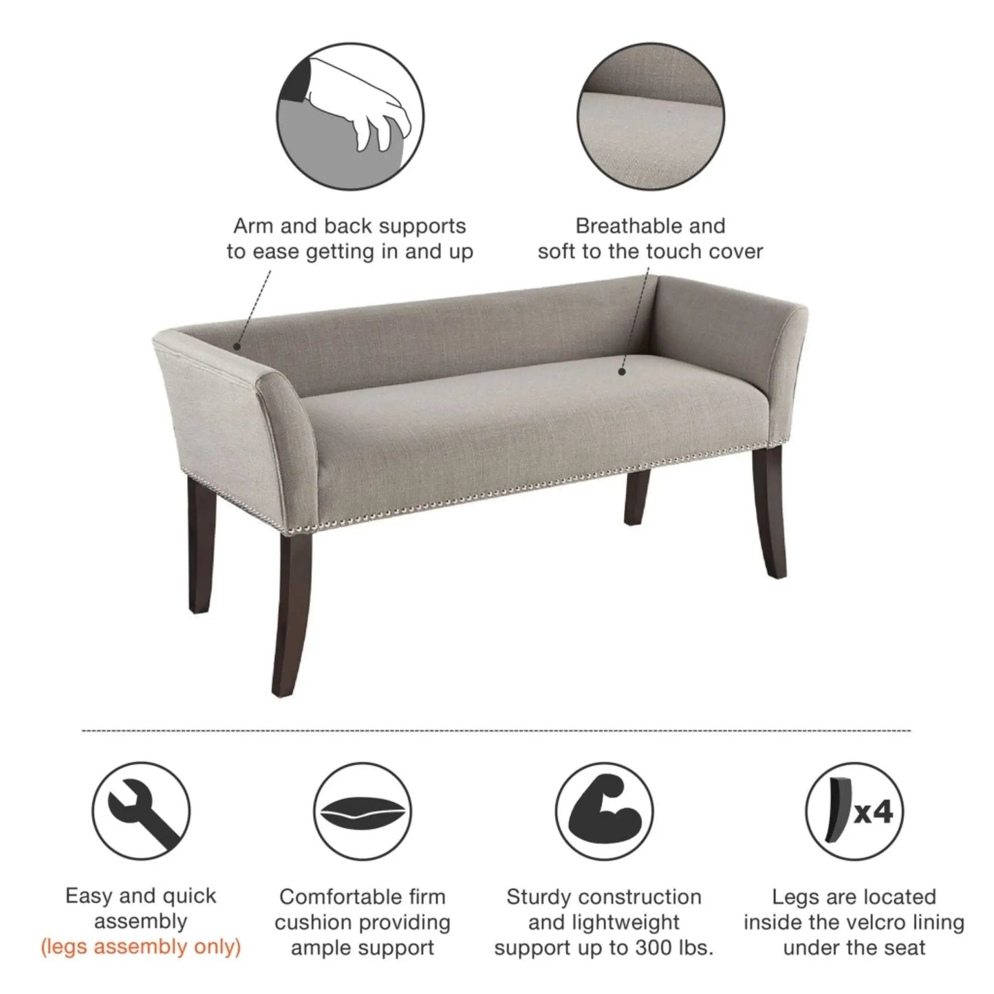 Elegant Bench with Solid Wood Frame Nailhead Trim