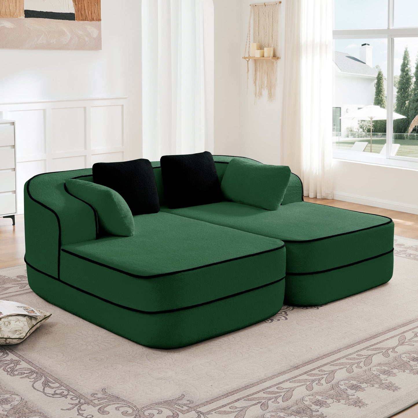 77.2 Teddy Fabric Modular Sofa in green teddy fabric with black piping by HouseOfZazla on Tampa Home & Garden Store