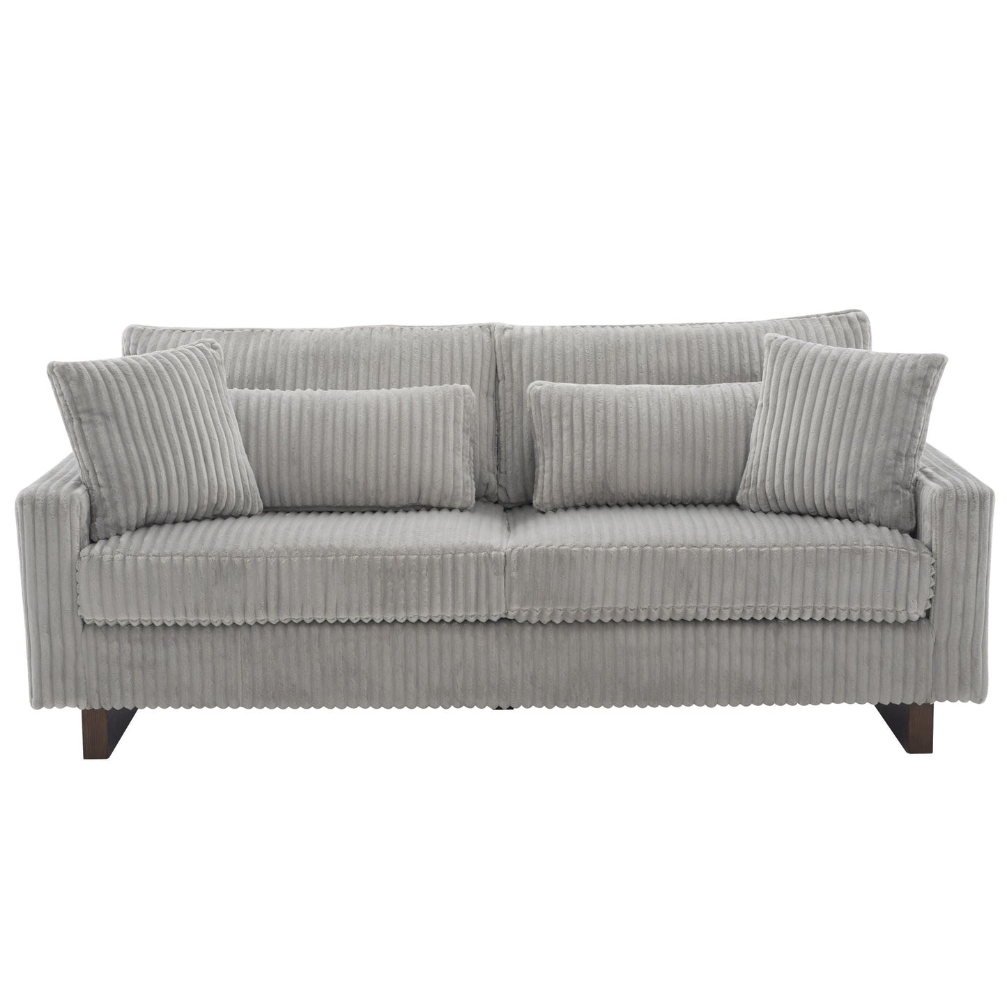 Modern grey corduroy loveseat with four ribbed pillows and wooden legs on Tampa Home & Garden Store