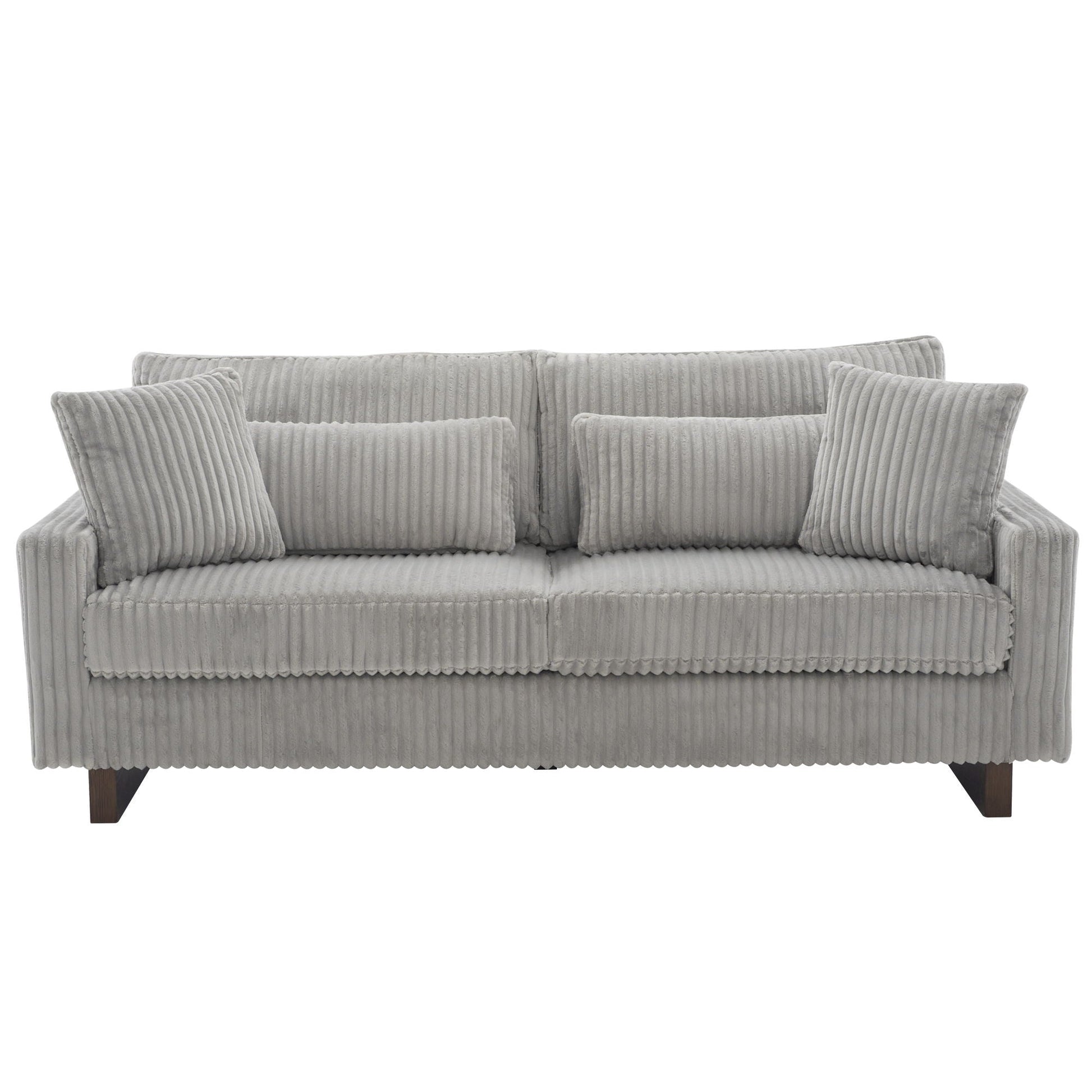 Modern grey corduroy loveseat with four ribbed pillows and wooden legs on Tampa Home & Garden Store