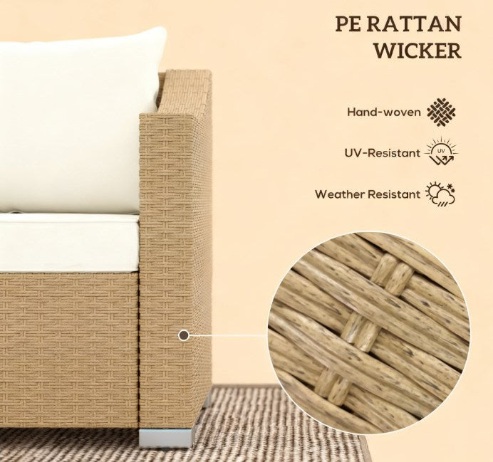Outdoor rattan sofa with cream cushions and throw pillows, hand-woven tan wicker by HouseOfZazla on Tampa Home & Garden Store