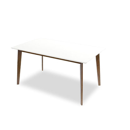 Mid-Century Modern dining table with white beveled top and brown tapered legs on Tampa Home & Garden Store