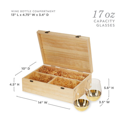 Wooden Wine Gift Box with Two Stemless Glasses