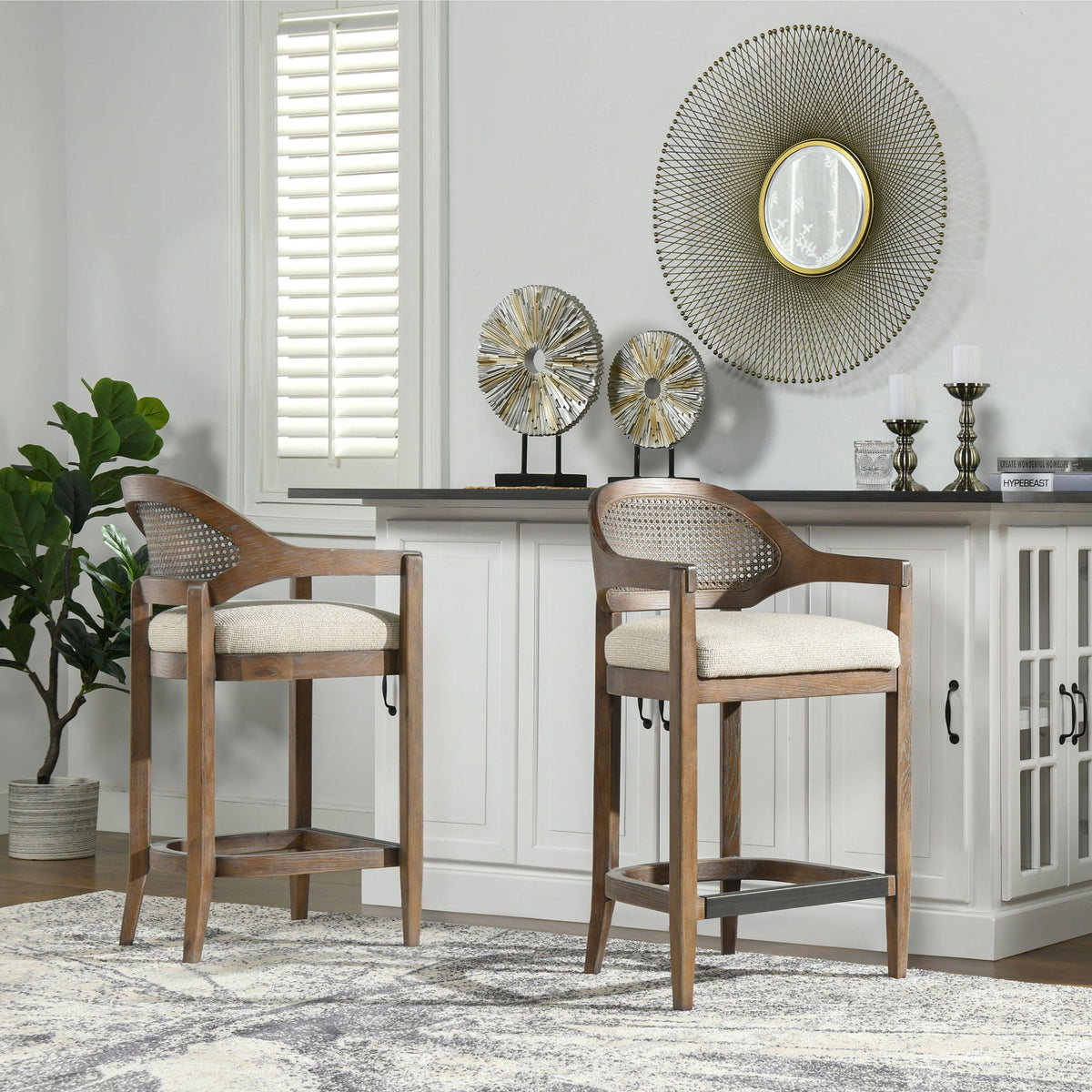 Pair of Mid-Century cane-back counter stools with barrel backs, light brown wood & woven seats on Tampa Home & Garden Store