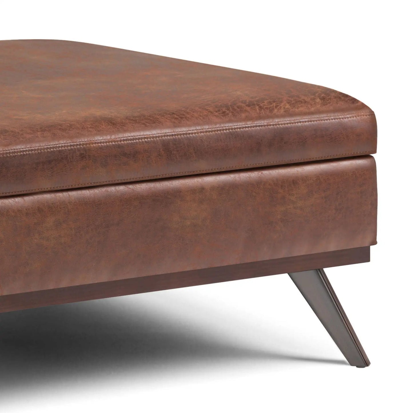 Owen square coffee table storage ottoman brown leather with angled legs on Tampa Home & Garden Store