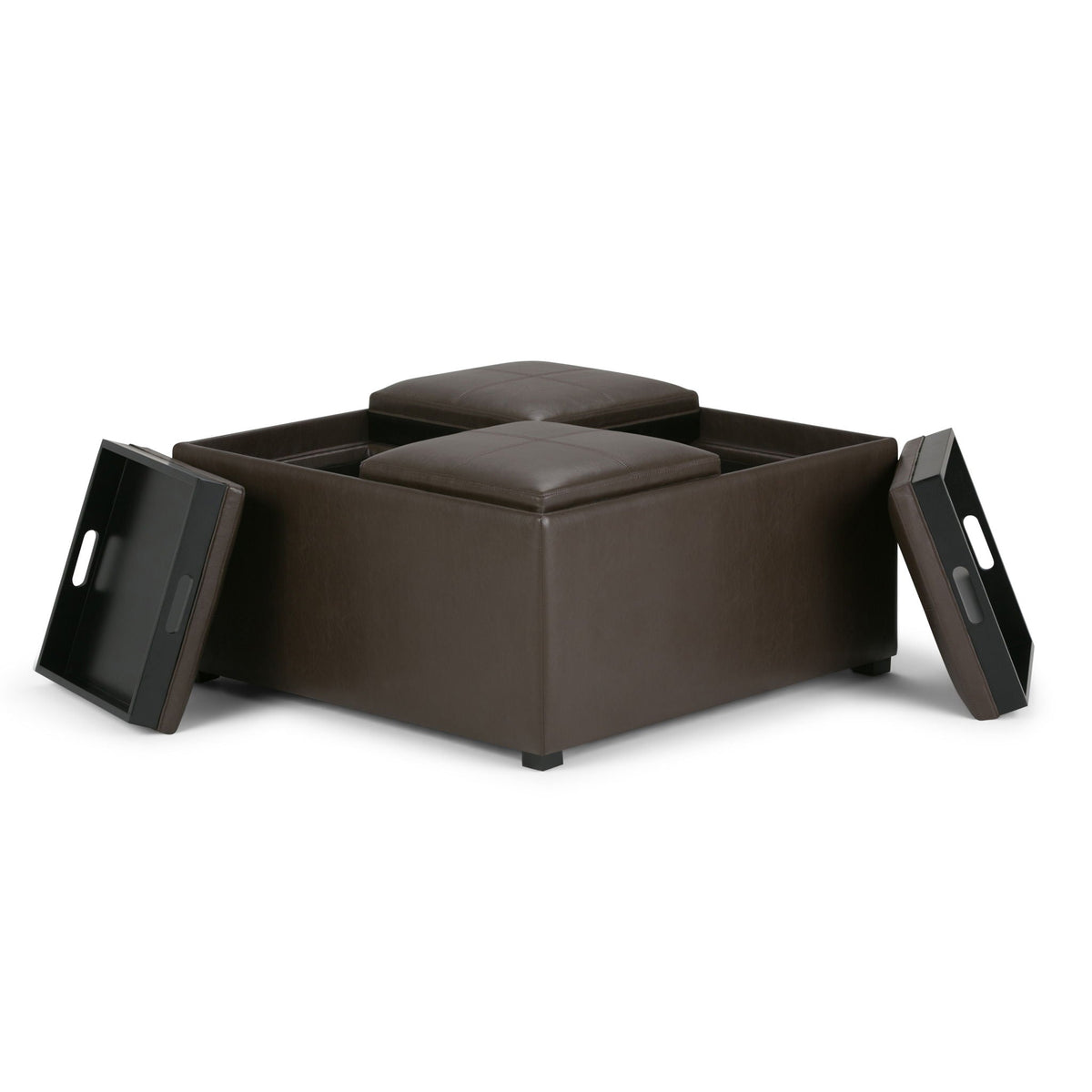 Avalon Square Ottoman Coffee Table With Trays in brown leather storage ottomans on Tampa Home & Garden Store