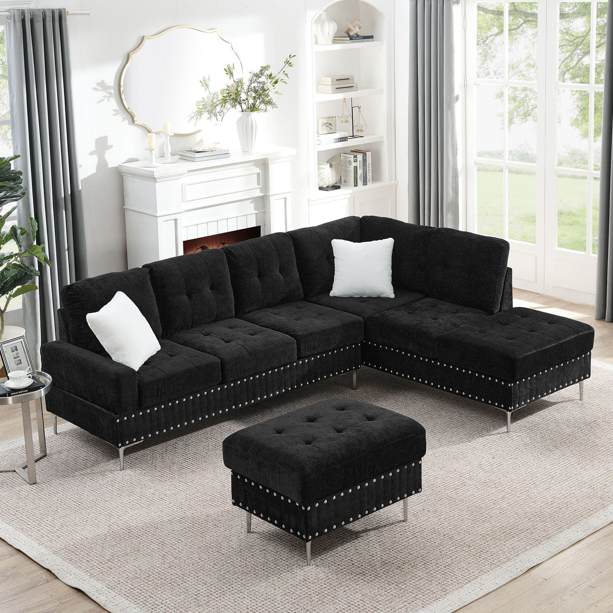 Black L-shaped sectional sofa with chaise and storage ottoman, tufted upholstery, two white pillows on Tampa Home & Garden Store