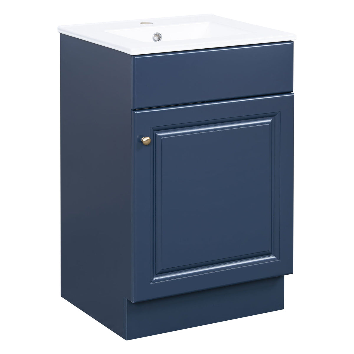Navy blue bathroom vanity cabinet with white sink brass knob adjustable shelf on Tampa Home & Garden Store