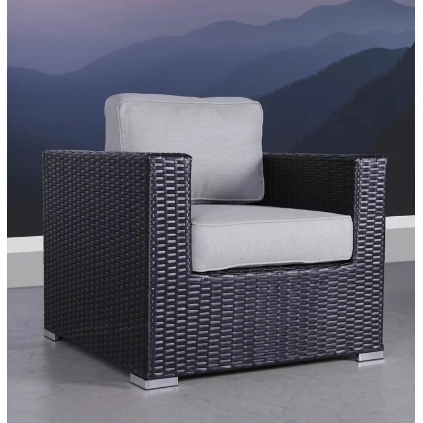 Patio arm chair with light gray cushions in dark wicker, Unique Piece Furniture on Tampa Home & Garden Store
