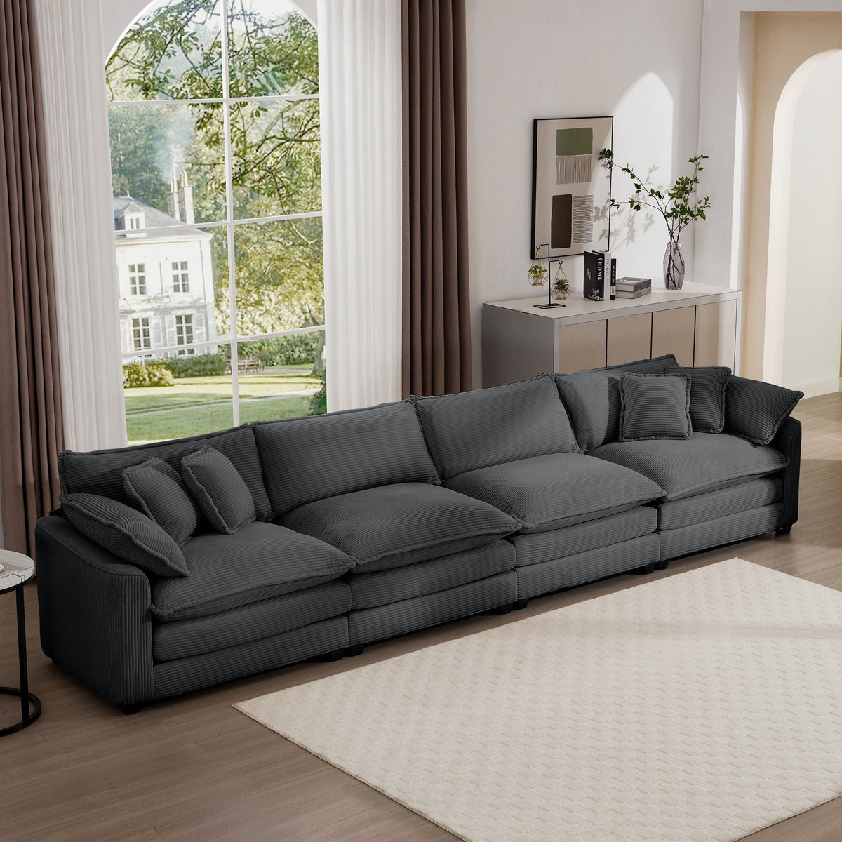 Modern Four Seater Fabric Sofa And Pillows