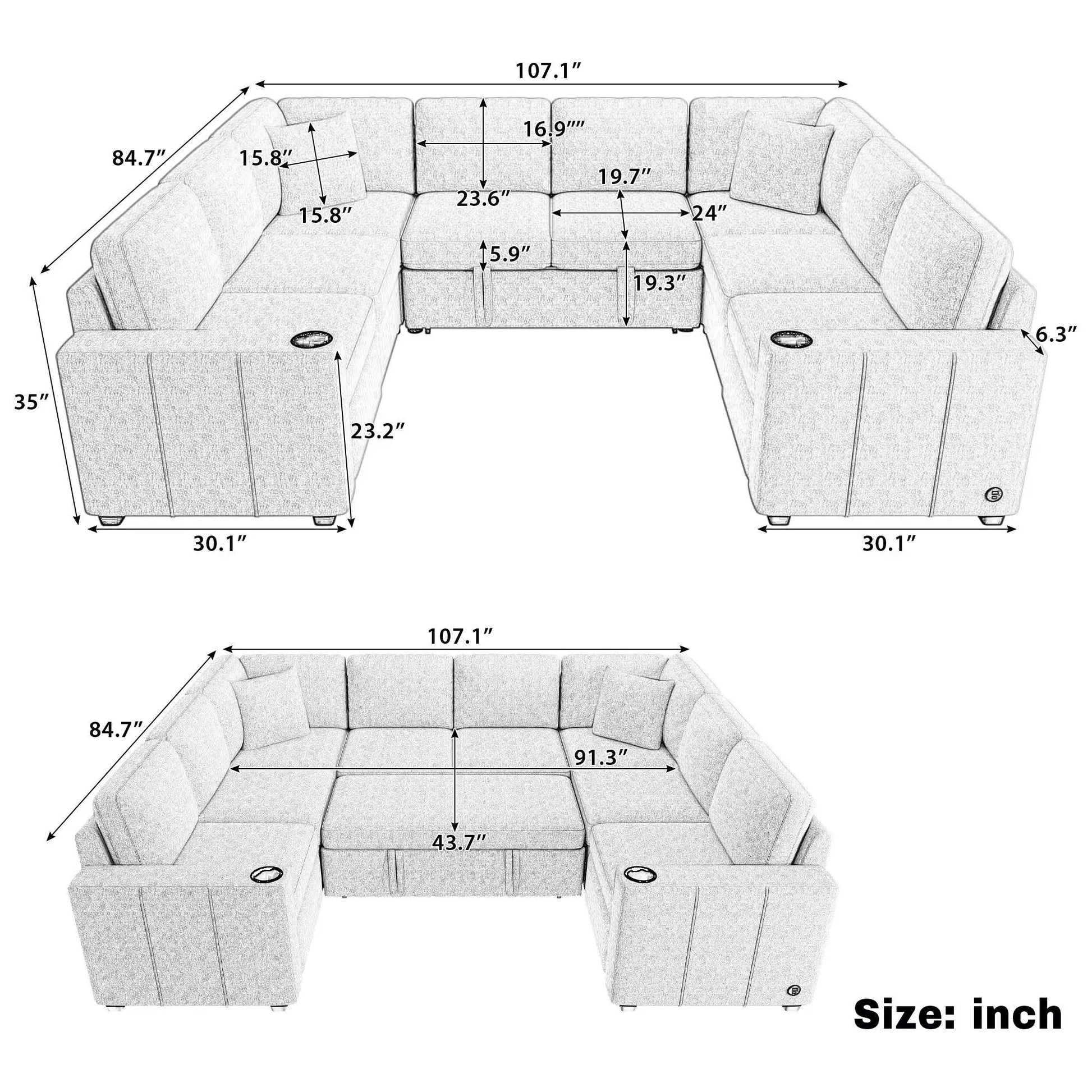 Convertible U-shaped sectional sofa with pull-out bed, 2-piece set Unique Piece Furniture on Tampa Home & Garden Store