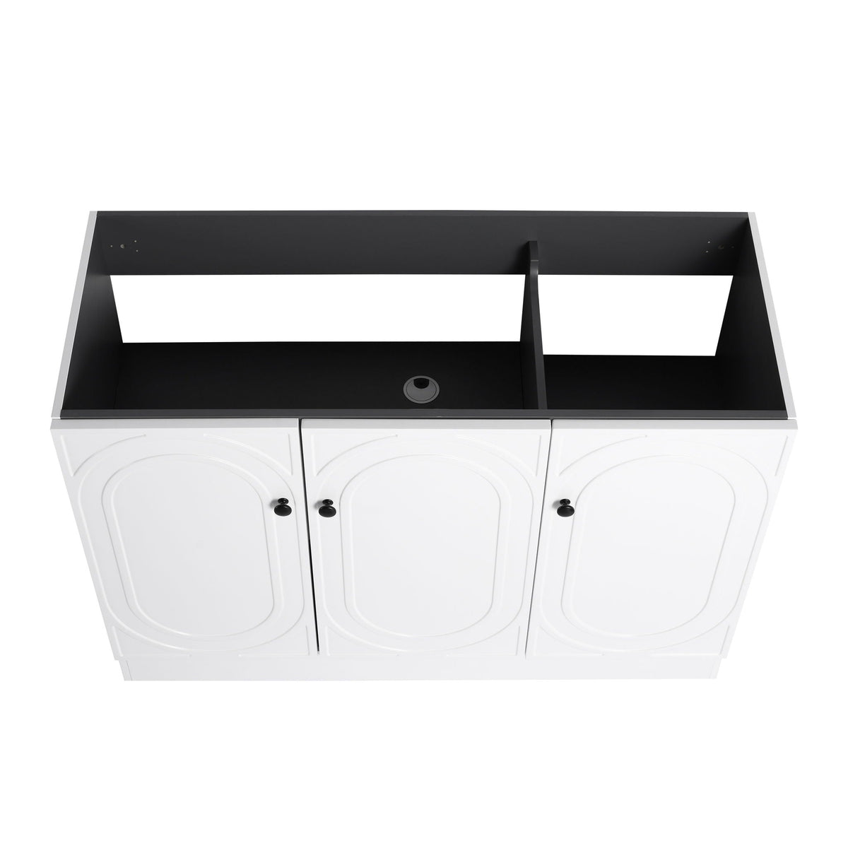Freestanding bath vanity with resin sink; black countertop, white arched doors HouseOfZazla on Tampa Home & Garden Store