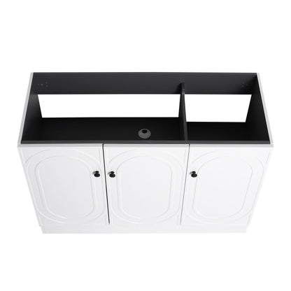 Freestanding bath vanity with resin sink; black countertop, white arched doors HouseOfZazla on Tampa Home & Garden Store