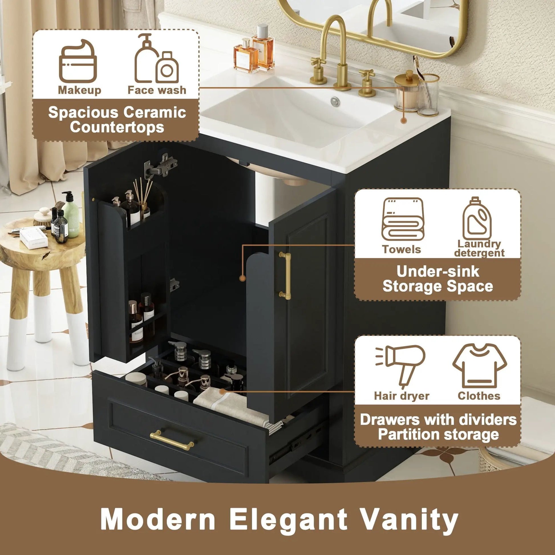 Bathroom vanity with sink, black cabinet, white countertop, gold faucet, under-sink storage on Tampa Home & Garden Store