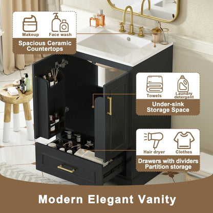 Bathroom vanity with sink, black cabinet, white countertop, gold faucet, under-sink storage on Tampa Home & Garden Store