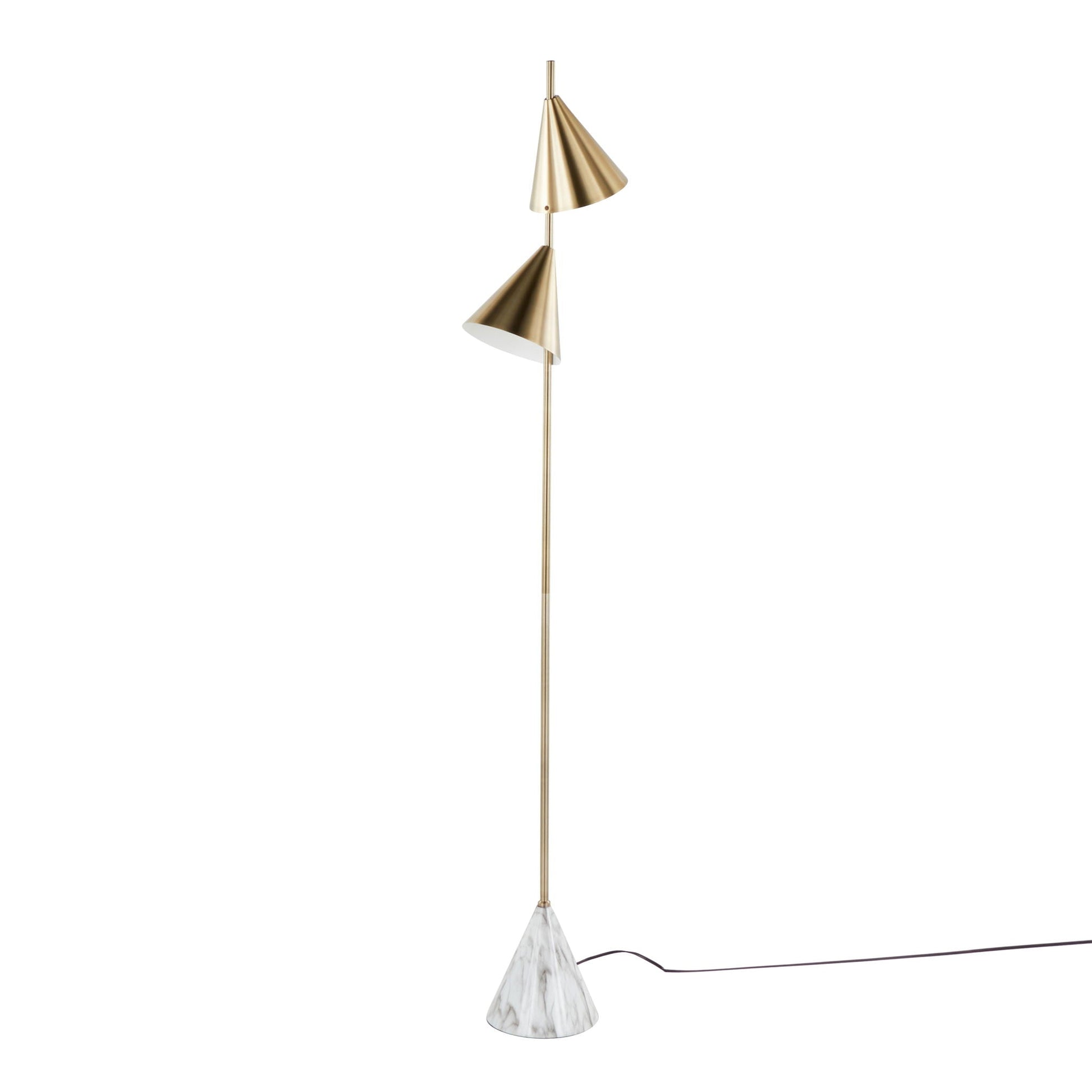 Floor lamp Cone by HouseOfZazla with twin brass cone shades on a gold stem and marble cone base on Tampa Home & Garden Store