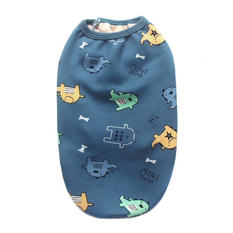 Pet plush vest for pets in blue with colorful dinosaur prints, sizes S/M/L on Tampa Home & Garden Store